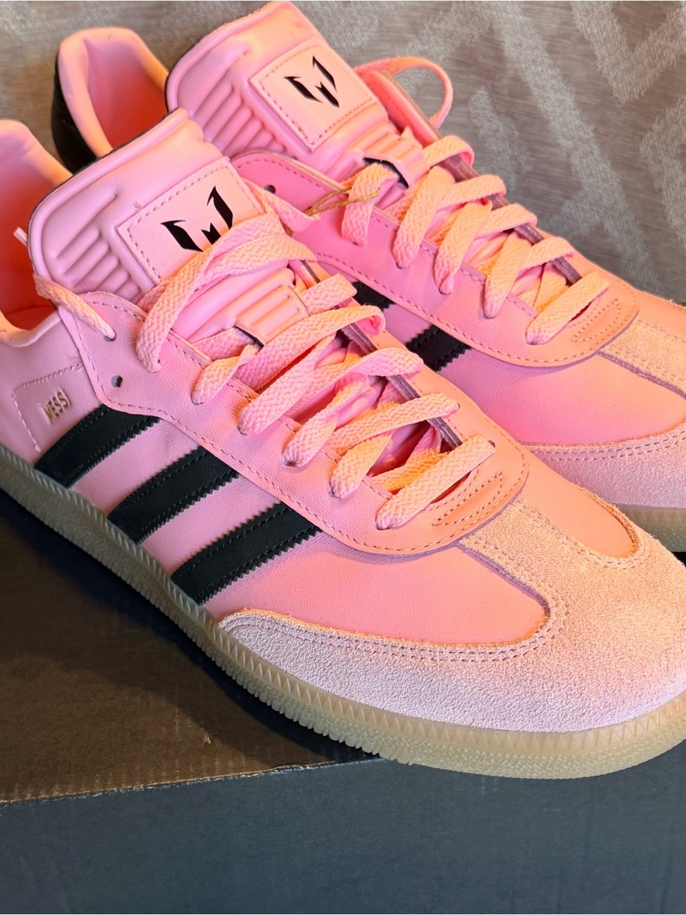 adidas Messi Samba Inter Miami cf Pink with Black Stripes and Gum Sole